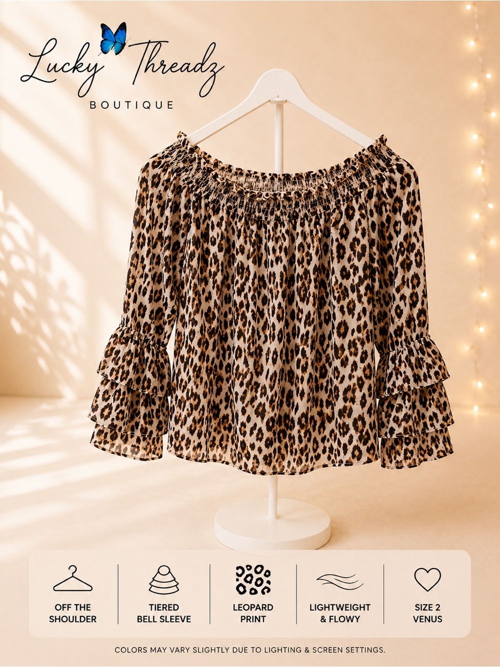 VENUS Leopard Print Off the Shoulder Blouse Tiered Bell Sleeve Top Size 2⁠